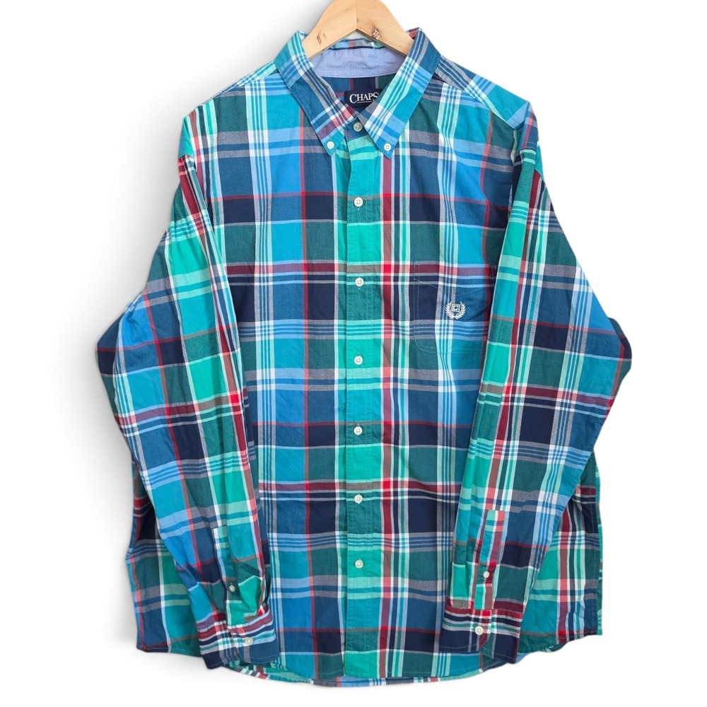 Chaps Shirt Mens XXL 2XL Blue Plaid Button Down Easy Care Cotton Blend Casual